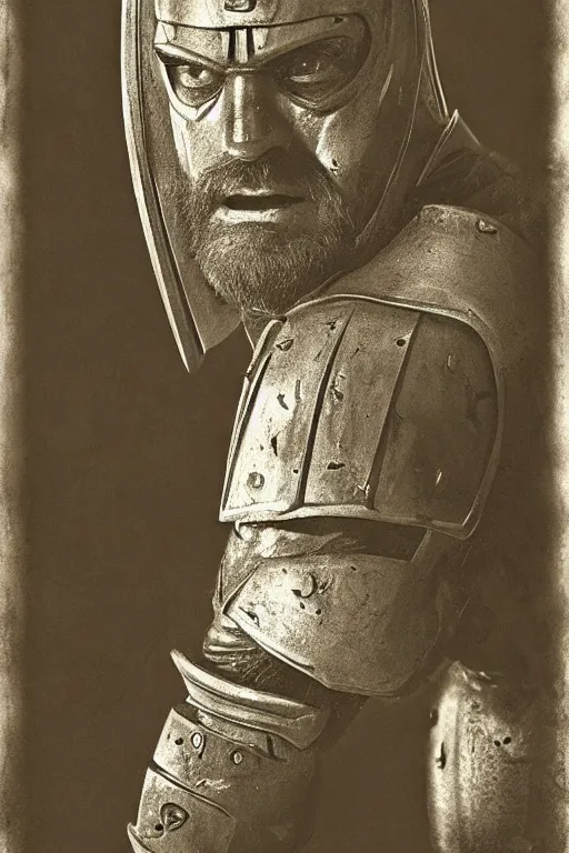 Prompt: man - at - arms from masters of the universe, portrait, full body, symmetrical features, silver iodide, 1 8 8 0 photograph, sepia tone, aged paper, sergio leone, master prime lenses, cinematic