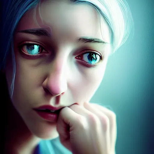 Image similar to beautiful portrait of a hopeless, worthless, lonely, ( young woman ) lawyer, sad, frightening, depressing, miserable, stunning, intelligent, stark, vivid!!, sharp, crisp, colorful!!, ultra ambient occlusion, reflective, universal shadowing, fantasy art, extremely even lighting, art by wlop, dr seuss.