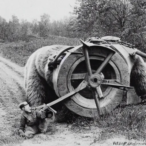 Image similar to a picture of a giant bear pulling a canon, eastern front, historical picture