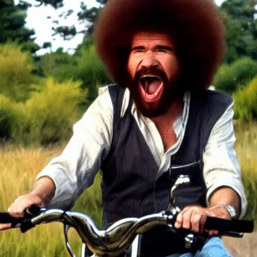 Image similar to bob ross screaming on motorcycle