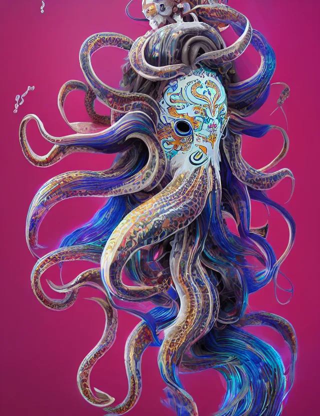 Image similar to 3 d goddess squid half - turn portrait with long hair with ram skull. beautiful intricately detailed japanese crow kitsune mask and clasical japanese kimono. betta fish, jellyfish phoenix, bio luminescent, plasma, ice, water, wind, creature, artwork by tooth wu and wlop and beeple and greg rutkowski