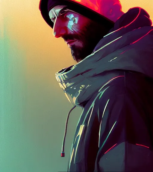 Image similar to cyberpunk synth, hyper - realistic portrait of a man in a hoodie, cyberpunk, by atey ghailan, by greg rutkowski, by greg tocchini, by james gilleard, by joe fenton, by kaethe butcher, dynamic lighting, gradient light blue, brown, blonde cream and white color scheme, grunge aesthetic