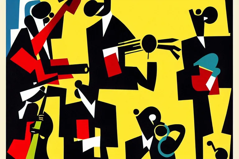 Image similar to abstract art poster of jazz musicians in the style of Stuart Davis, matte illustration, texture,