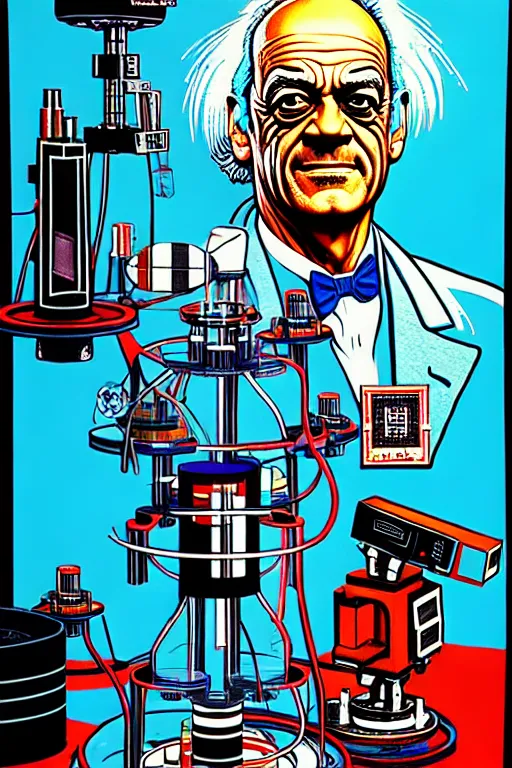 Prompt: doc emmet brown in his lab, high details, intricately detailed, by vincent di fate, inking, 3 color screen print, masterpiece, trending on artstation,, sharp, details, hyper - detailed, hd, 4 k, 8 k