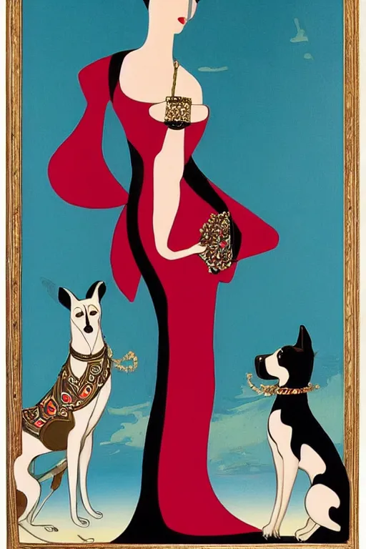 Prompt: beautiful painted woman fashion with dog on leash oil painting by Erte