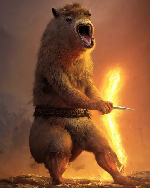 Prompt: oil painting of Angry Anthropomorphized Capybara Berserker, wearing fur armor, claws, sharp focus, attack pose, fantasy style, octane render, volumetric lighting, 8k high definition, by greg rutkowski, highly detailed, trending on art Station, magic the gathering artwork, burning Battlefield background, centered