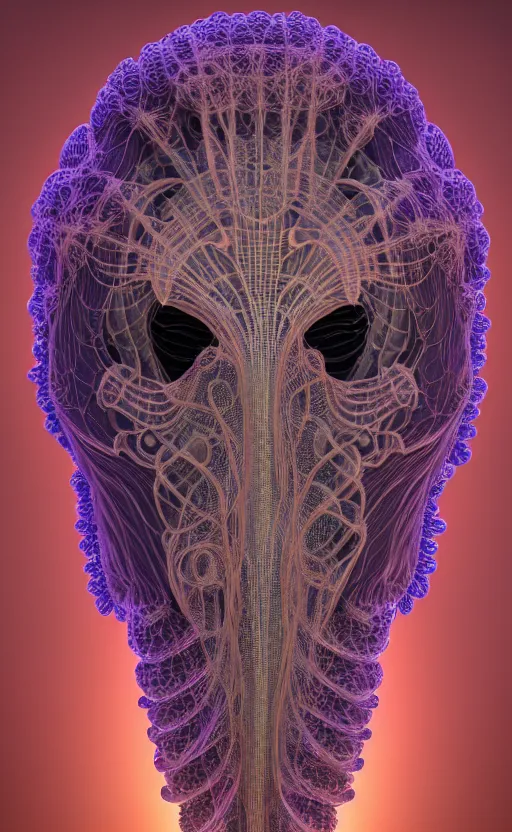 Image similar to portrait intricate mask, eagle coral, jelly fish, mandelbulb 3 d, fractal flame, octane render, cyborg, biomechanical, futuristic, by ernst haeckel