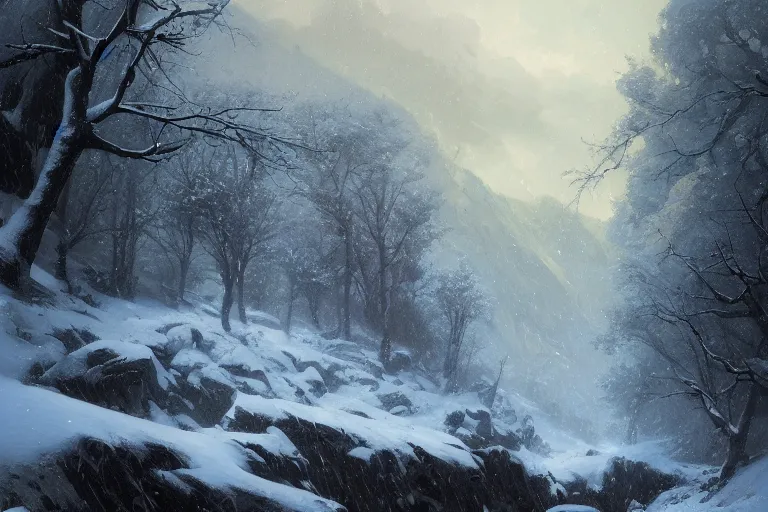 Prompt: a beautiful oil painting of a rocky valley covered in snow, trees with blue leaves, thunderstorm in the sky, blue lighting, gloomy, atmospheric lighting, detailed, beautiful!! by greg rutkowski, trending on artstation