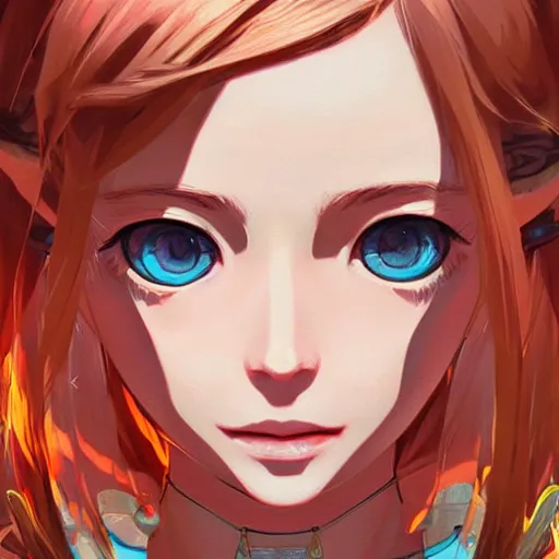 Image similar to portrait of botw zelda, art by ilya kuvshinov wlop artgerm makoto shinkai, intricate, highly detailed, digital painting, art station, concept art, smooth, sharp focus, illustration, advanced digital anime art, atmospheric lighting, detailed face