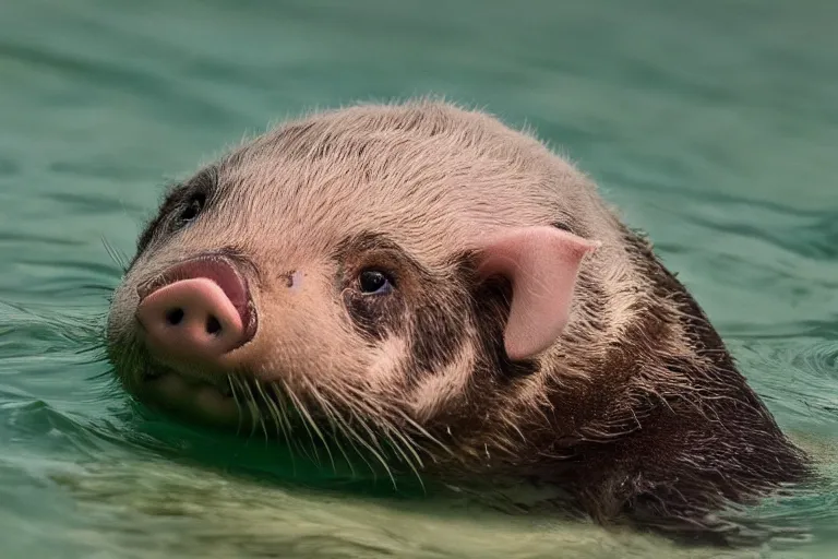 Image similar to a pig sea otter!!! hybrid! hyper realistic!! realistic lighting!! wildlife photographer of the year!!! bold natural colors, national geographic, hd, wide angle, 8 k