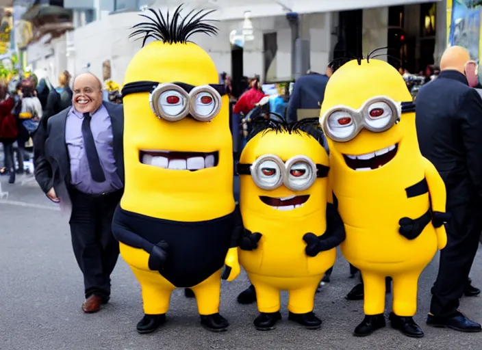 Image similar to Danny DeVito dressed in a minions costume, 8k, award winning photograph