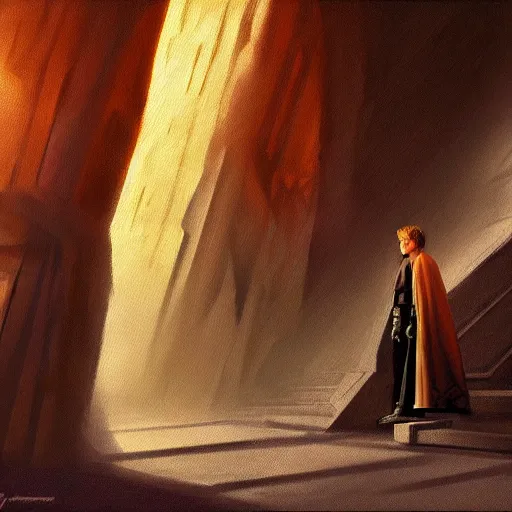 Prompt: anakin at the steps of the jedi temple, oil paint, concept art, art station, highly detailed, nighttime