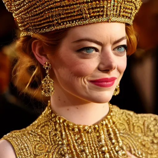 Image similar to A full body shot of Emma Stone wearing a golden Arabian crown , royality, high quality, fully detailed, 4k