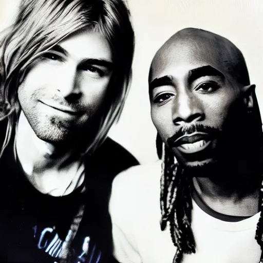 Image similar to Polaroid photograph of Kurt Cobain and Tupac Shakur, 90s, XF IQ4, 150MP, 50mm, F1.4, ISO 200, 1/160s, natural light, Adobe Lightroom, photolab, Affinity Photo, PhotoDirector 365,