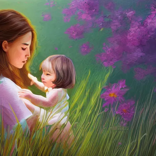 Image similar to A mother and child in a field of flowers, serene, pastoral, digital painting, artstation, close up, details, sharp focus, illustration, By Ross draws