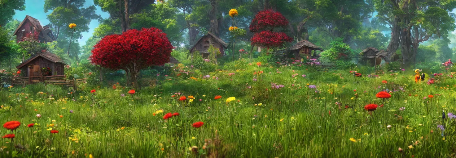 Image similar to a beautiful forest meadow village landscape flowers, crimson - black beehive, happy trees, photorealistic, octane render, rtx, hdr, unreal engine, digital art widescreen 8 k in the style of studio ghibli and bob ross and pixar and bee movie