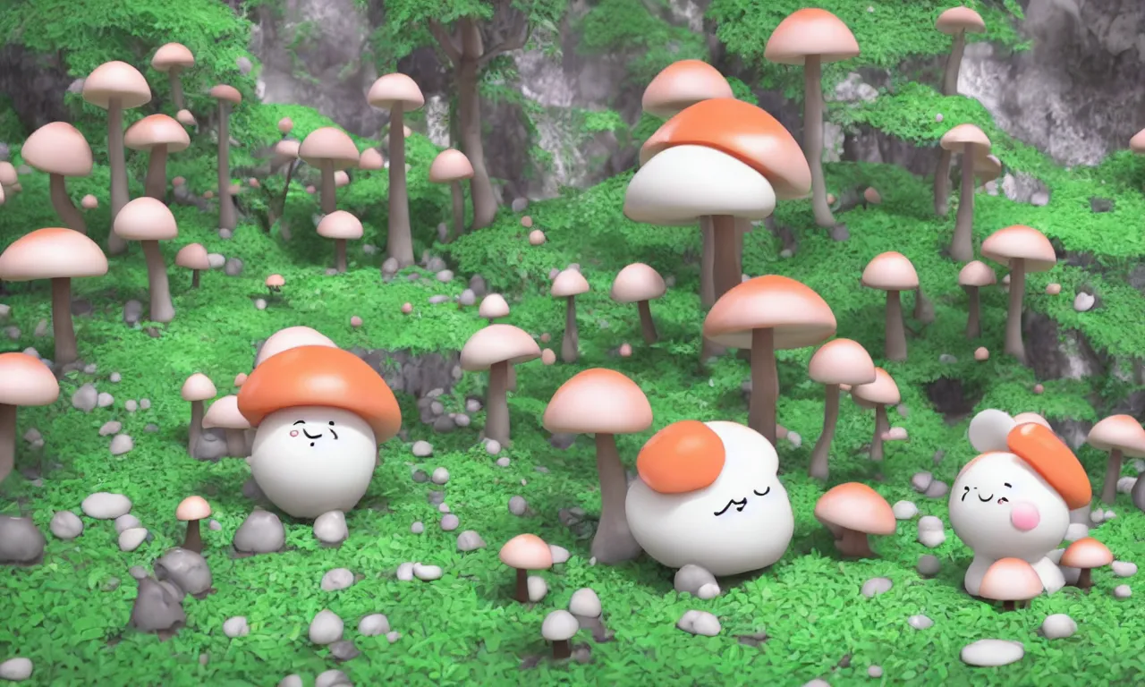 Image similar to a cartoon render of a cute little mochi ball exploring a mushroom forest, kawaii face