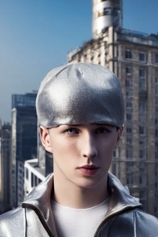 Image similar to un ultra high definition studio quality photographic art portrait of a young man standing on the rooftop of a british apartment building wearing soft padded silver pearlescent clothing. three point light. extremely detailed. golden ratio, ray tracing, volumetric light, shallow depth of field. set dressed.