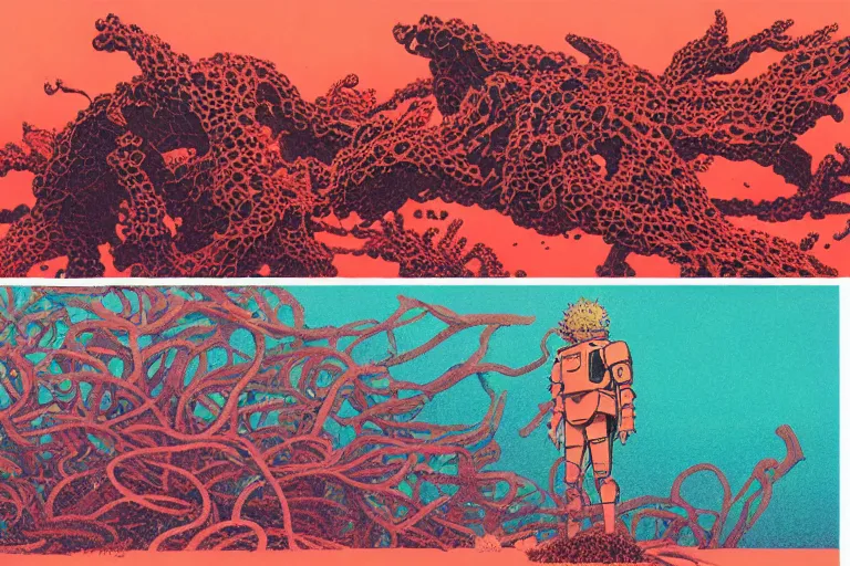 Image similar to risograph grainy drawing vintage sci - fi, satoshi kon color palette, gigantic gundam full - body covered in dead coral reef 1 9 6 0, kodak, with lot tentacles, natural colors, codex seraphinianus painting by moebius and satoshi kon and dirk dzimirsky close - up portrait