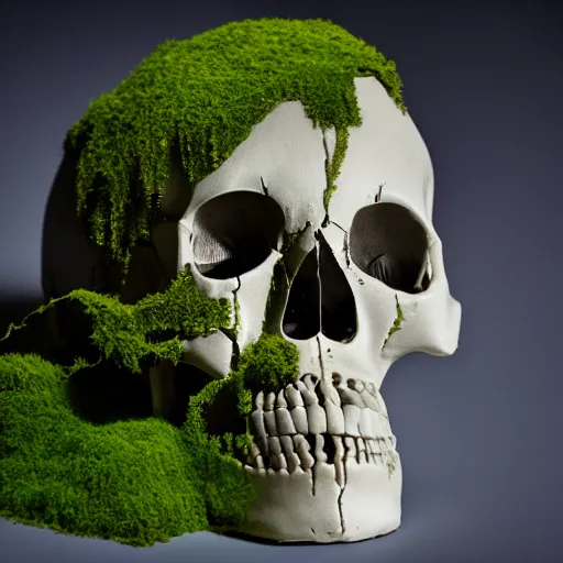 Prompt: A skull being covered in moss, with a projector beam emitting from the left eye socket, the skull has wisps of smoke surrounding it, rear view cinematic lighting