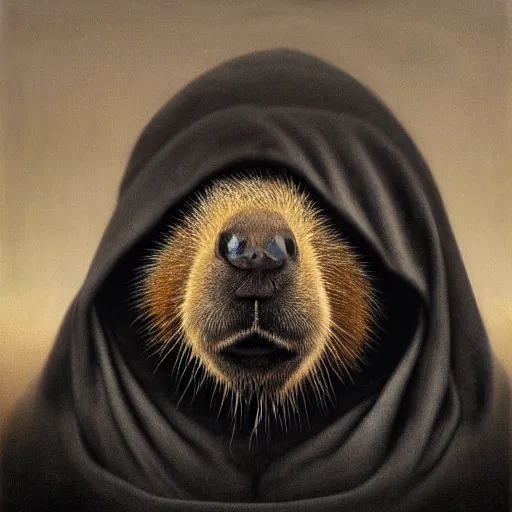 Image similar to a portrait of a capybara wearing a black hood, cloak covering face, anatomically correct, beautiful perfect face, enigmatic, oil painting, matte, black background, volumetric dynamic lighting, highly detailed, cinematic lighting, unreal engine, 8 k, hd, by beksinski