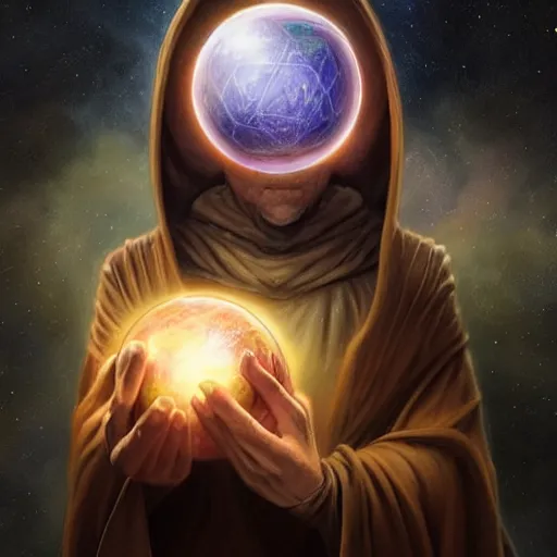 Image similar to the creator of worlds wearing a cloak and holding a holographic planet projection in his hand, detailed, sci - fi, digital painting, artstation, sharp focus, illustration, ominous, artgerm, tomasz alen kopera, peter mohrbacher, donato giancola, joseph christian leyendecker, wlop, frank frazetta