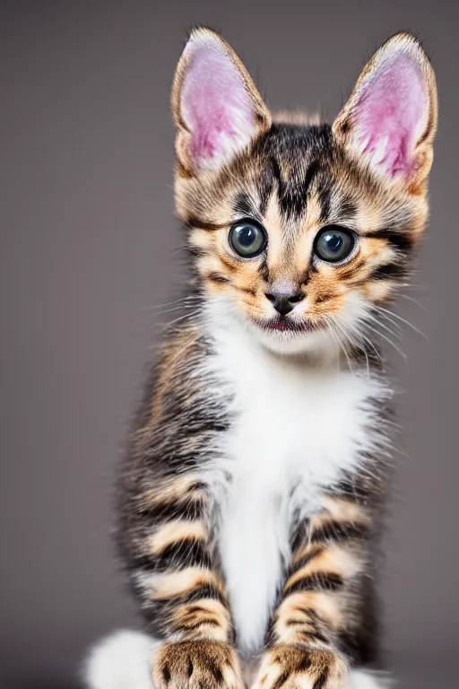 Prompt: 8K UHD kitten with floppy ears, animal portrait photo, 105 mm lens, medium full shot