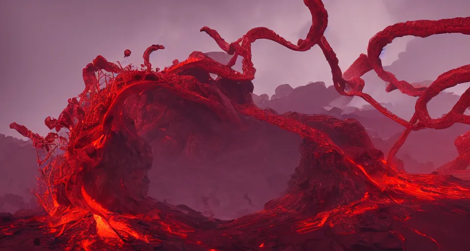 Prompt: a volcano made of ivory vines and crimson rocks enters in eruption, it spits a smoke in the shape of demonic eye, by filip hodas