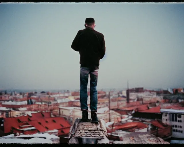 Image similar to lomo photo of man standing on the roof of soviet hrushevka, small town, cinestill, bokeh, out of focus