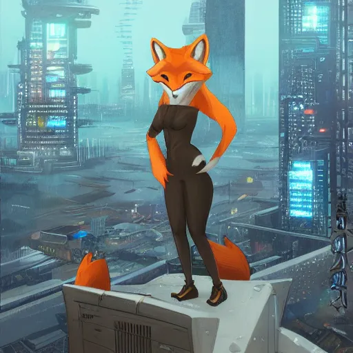 Image similar to an anthropomorphic fox, holding her paws together behind her back staring over a futuristic city from the top of a roof, highly coherent, trending on furaffinity, cyberpunk