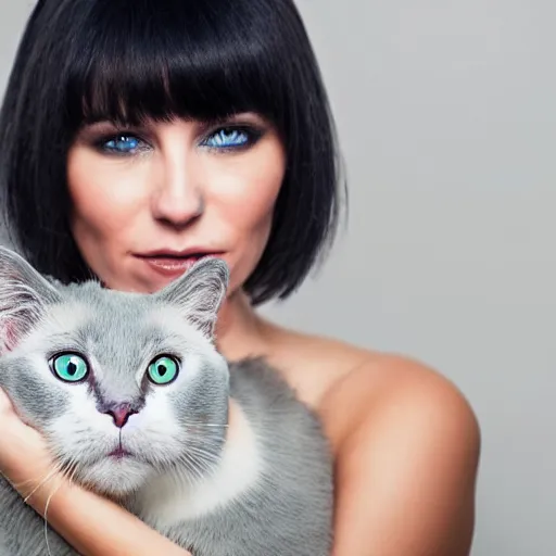 Image similar to A beautiful woman with blue short hair with bangs and green eyes holding a grey and white cat, full body portrait, highly detailed, excellent composition, dramatic lighting, realistic 4k