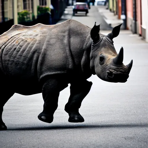 Image similar to photograph of a rhinoceros running down a street