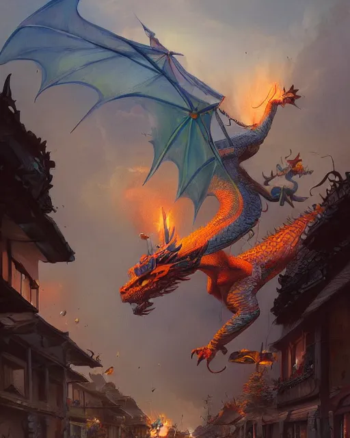 Prompt: a beautiful digital artwork of a dragon attacking a small town by esao andrews and peter mohrbacher. trending on artstation