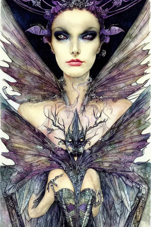 Image similar to dark fairy queen closeup face surrounded by bat wings, art by luis royo and walter crane and kay nielsen, watercolor illustration,