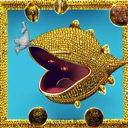 Prompt: A diamond encrusted killer anglerfish with jeweled teeth, the mouth is wide open, inside the mouth is a vegas casino, the fish is dangling a dollar sign in front of it