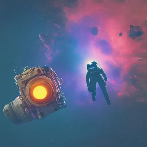 Image similar to A dieselpunk astronaut floating alone in deep space, lush vivid soft colors of sun set, hosing and backpack on suit, filigree planet in a stellar nebula, a small cyberpunk city in the distance , DSLR, HDR, octane render, 3d shading, cgsociety, Horde3d, ambient occlusion, volumetric lighting, ray tracing, 3dexcite, Zbrush, Substance Designer, behance HD, lightWave 3d, Ureal Engine , Monet painting by Kait Kybar