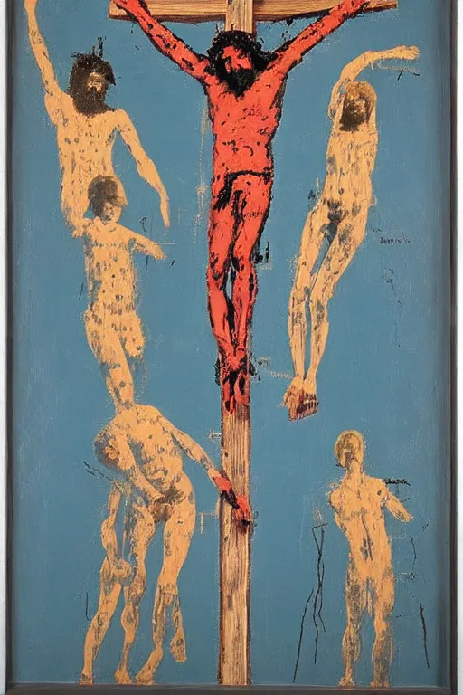 Image similar to jesus christ crucified painted by cy twombly, basquiat and andy warhol