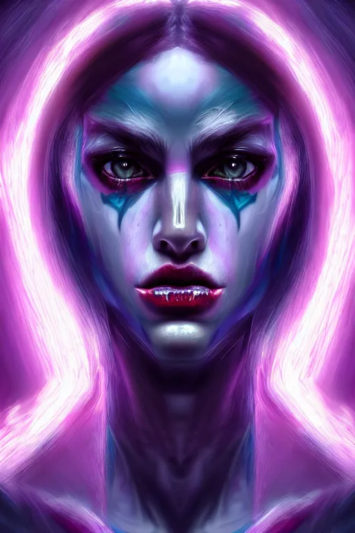 Image similar to hyper detailed ultra sharp of a beautiful face girl azazello is one of the demonic and mystical characters in the work, a negative character in biblical stories, a fallen angel who opposed the will of god. various reference for artists, facial expressions, trending on artstation, neon colors, digital art, cinematic lighting, art by god, 8 k