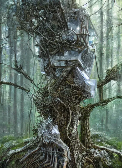 Image similar to a crystal cube in a forest, highly detailed, intricate, concept art, art station, cinematic light, realistic, ethereal light, art by H.R. Giger and sorayama