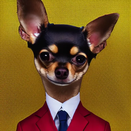 Prompt: professional portrait photo of a humanoid, with robotic parts on his face, honey color chihuahua dog, digital - art woman with a suit super hero, by rebecca sugar, artstation