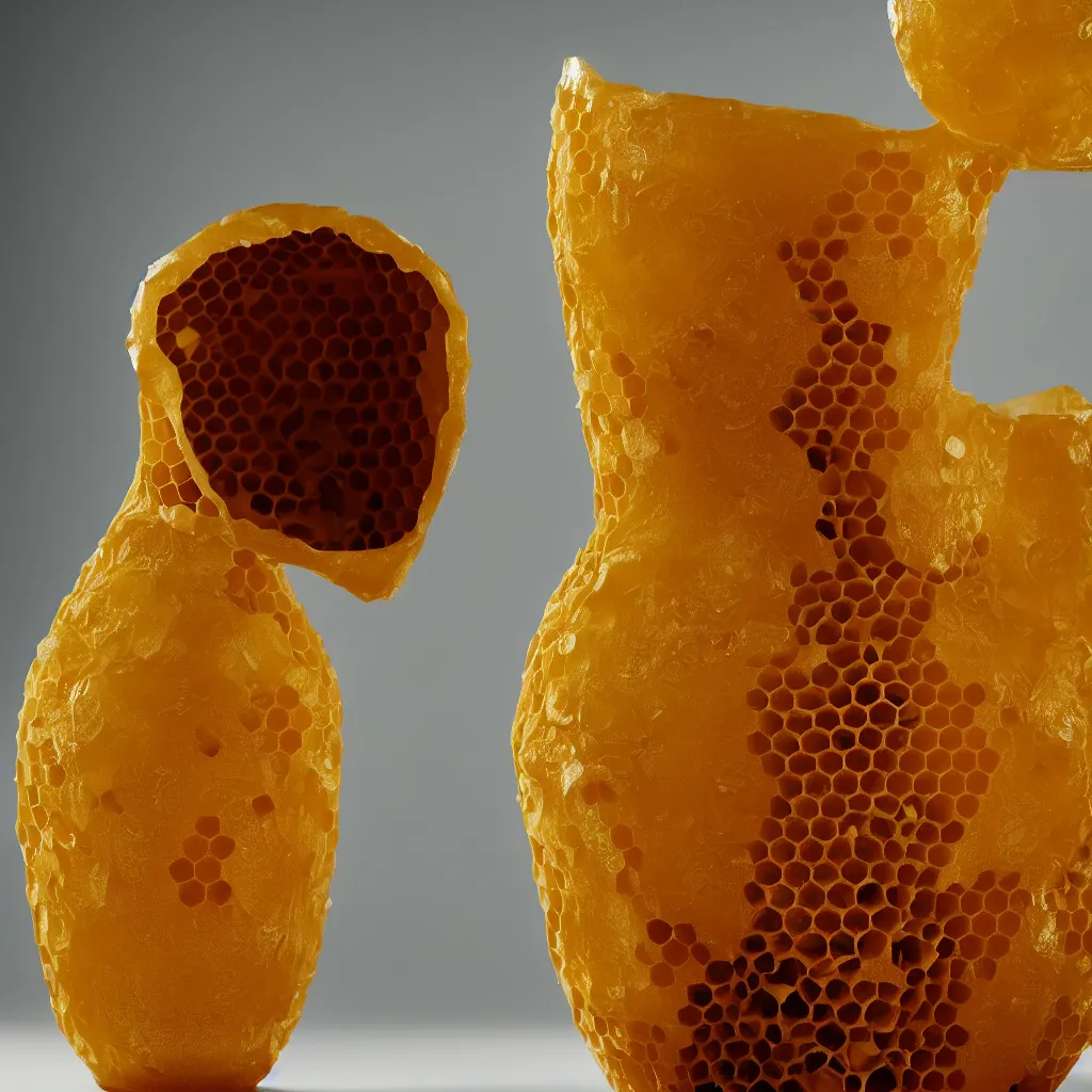 Prompt: real honeycomb vase with honey traditional shape design by tomas gabzdil libertiny, product design, film still from the movie directed by denis villeneuve with art direction by zdzisław beksinski, telephoto lens, shallow depth of field