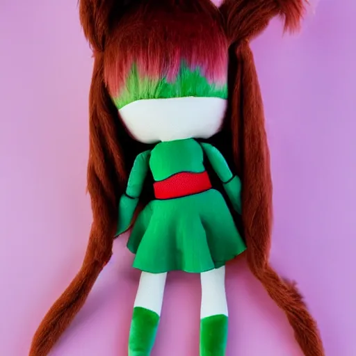 Image similar to a cute plush doll of a girl with green fire hair