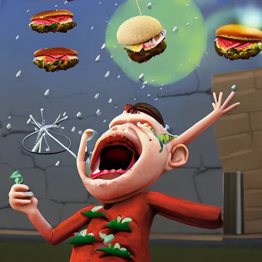 Image similar to a mad scientist in his back yard laughing happily at the hamburgers which are falling from the sky , concept art, trending on artstation 3D.