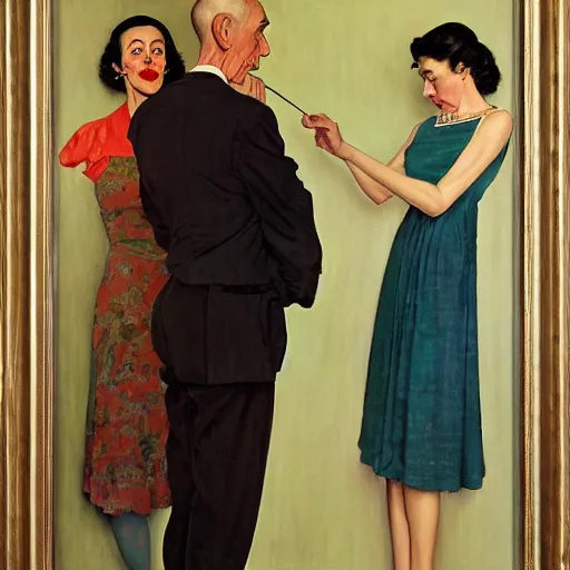 Image similar to a thin man is horrified by an oil painting of his wife, painted by norman rockwell and tom lovell and frank schoonover