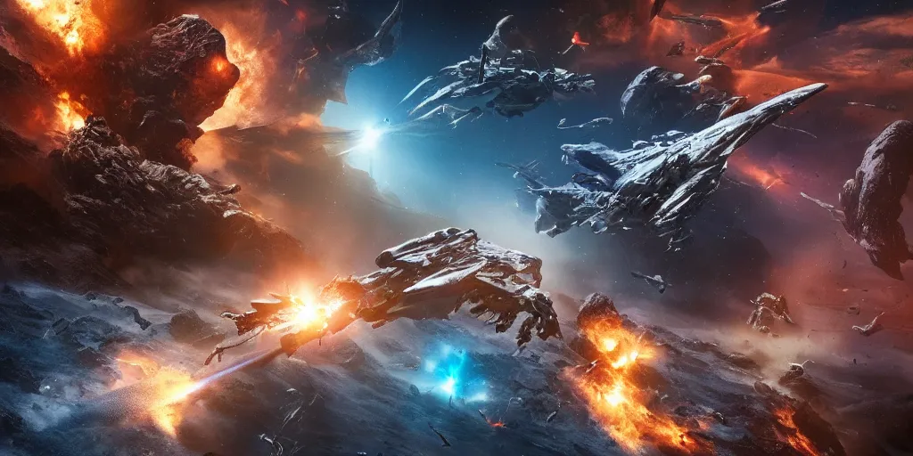 Prompt: an epic space battle fought between humanity and an alien species, high detail, high definition, photorealistic, 8k