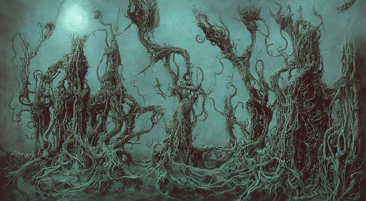 Prompt: lovecraftian dreamscape, detailed, vivid and vibrant, by lovecraft, by zdzislaw beksinski