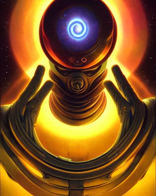 Image similar to zenyatta from overwatch, nine eyes, character portrait, portrait, close up, vintage fantasy art, vintage sci - fi art, radiant light, caustics, by boris vallejo