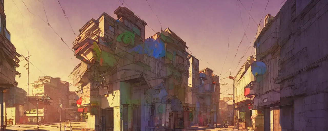 Image similar to neo brutralism, concrete housing, an archway, concept art, colorful, vivid colors, sunrise, light, shadows, reflections, oilpainting, cinematic, 3D, in the style of Akihiko Yoshida and Edward Hopper