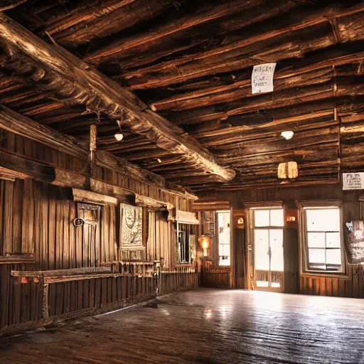 Prompt: Empty Old West Saloon at the break of day, dust particles in the air, god beams coming through the windows, hyper realistic, HD, DLSR Camera, Rococo style