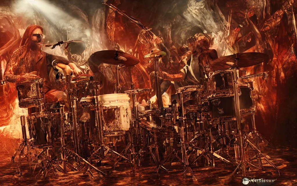 Image similar to khamenei playing drums in heavy metal band in hell hanged bodies in horizon, high definition, trending on artstation, unreal engine, photorealistic, high resolution,, trending on deviantart, hdr, hyper detailed, insane details, intricate, elite, ornate, elegant, luxury, dramatic lighting